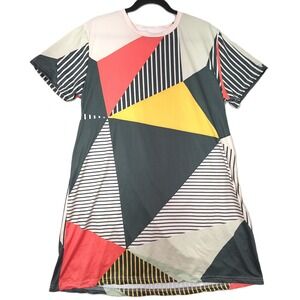 Geometric Abstract Multicolor A-Line Tshirt Dress L Art 60s Mod Retro-Futurism